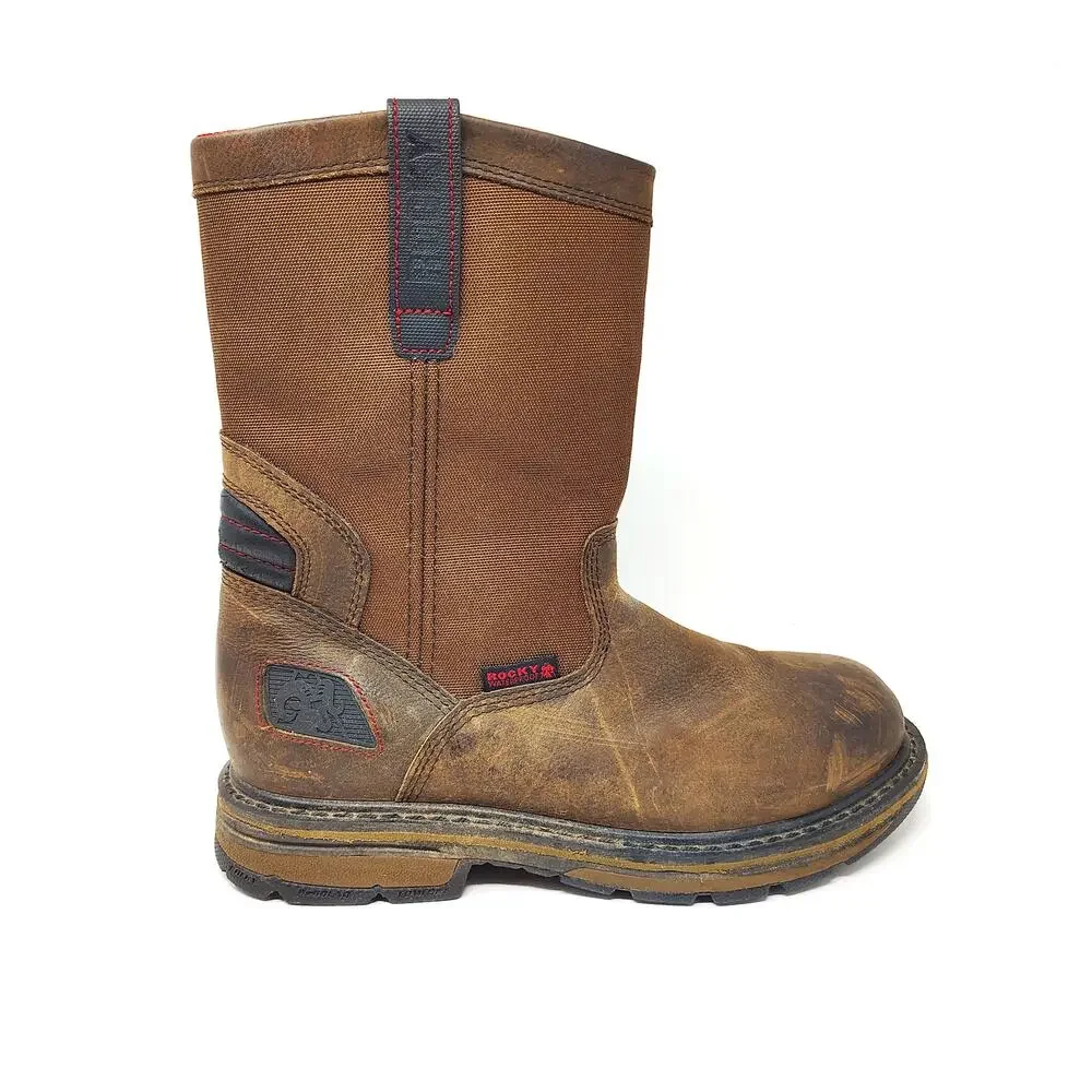 ROCKY Mens 9 Boots Work Pull On Composite Toe Waterproof Brown Leather